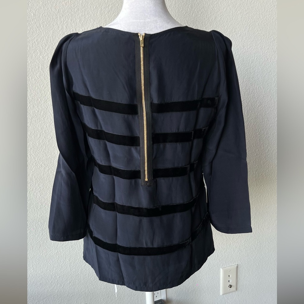 Sandro Small navy 3/4 puff sleeve SILK and velvet Blouse $395 - Picture 4 of 10